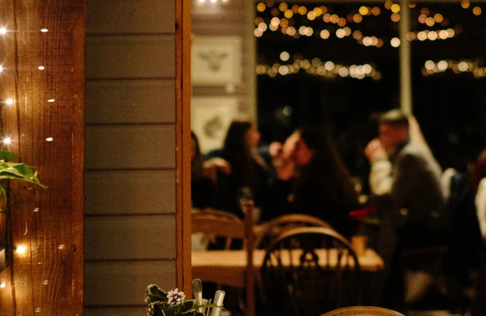 garlic farm restaurant interior fairy lights