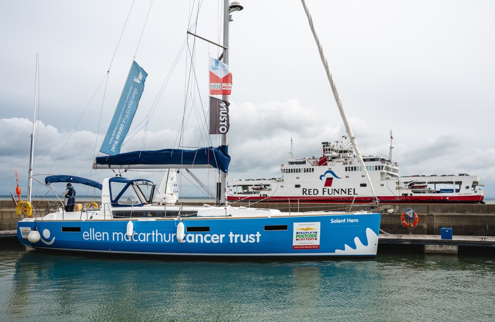 Ellen MacArthur Cancer Trust yacht in front of Red Funnel