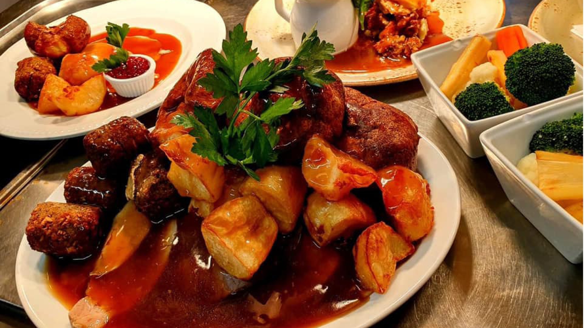 delicious roast dinner on a table 