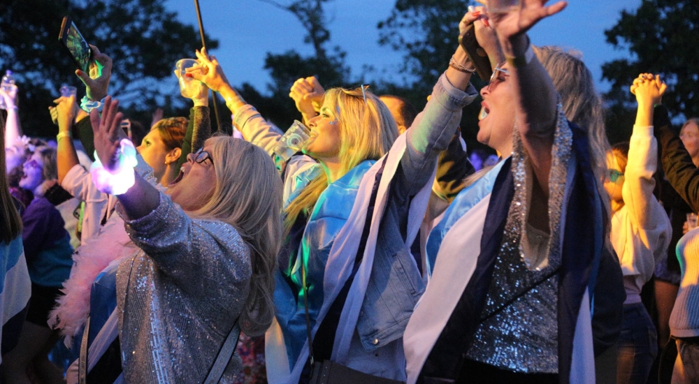 crowd singing and dancing along