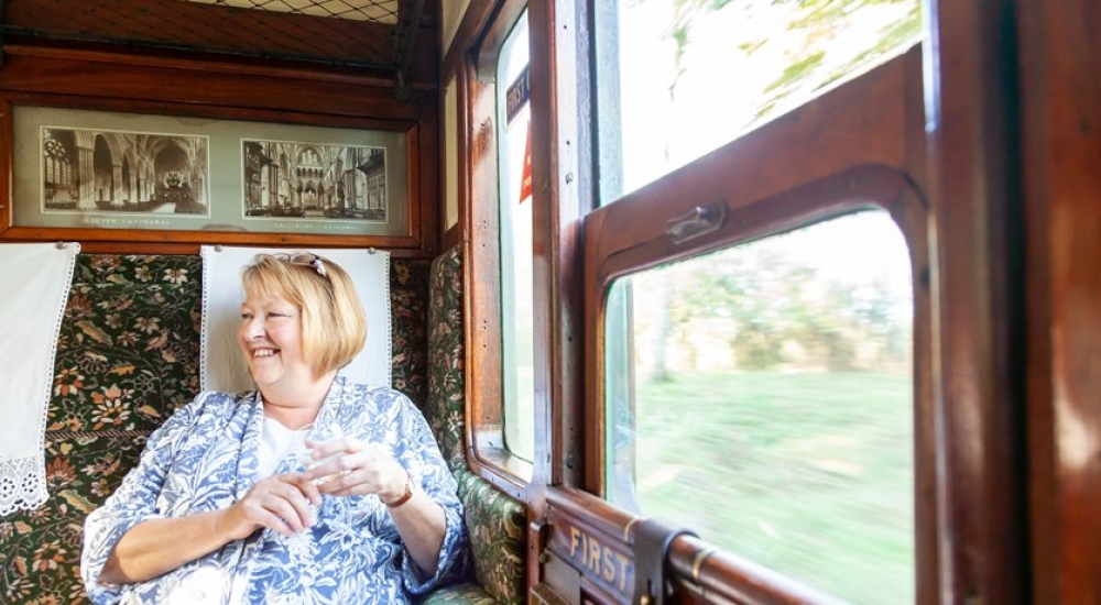 A lady traveling on a train