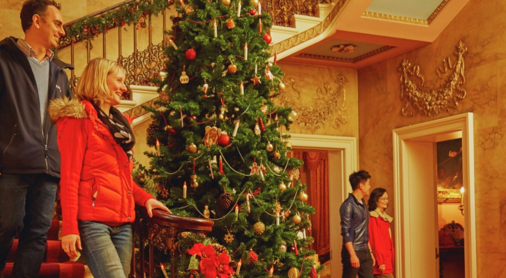 large decorated christmas tree inside the house